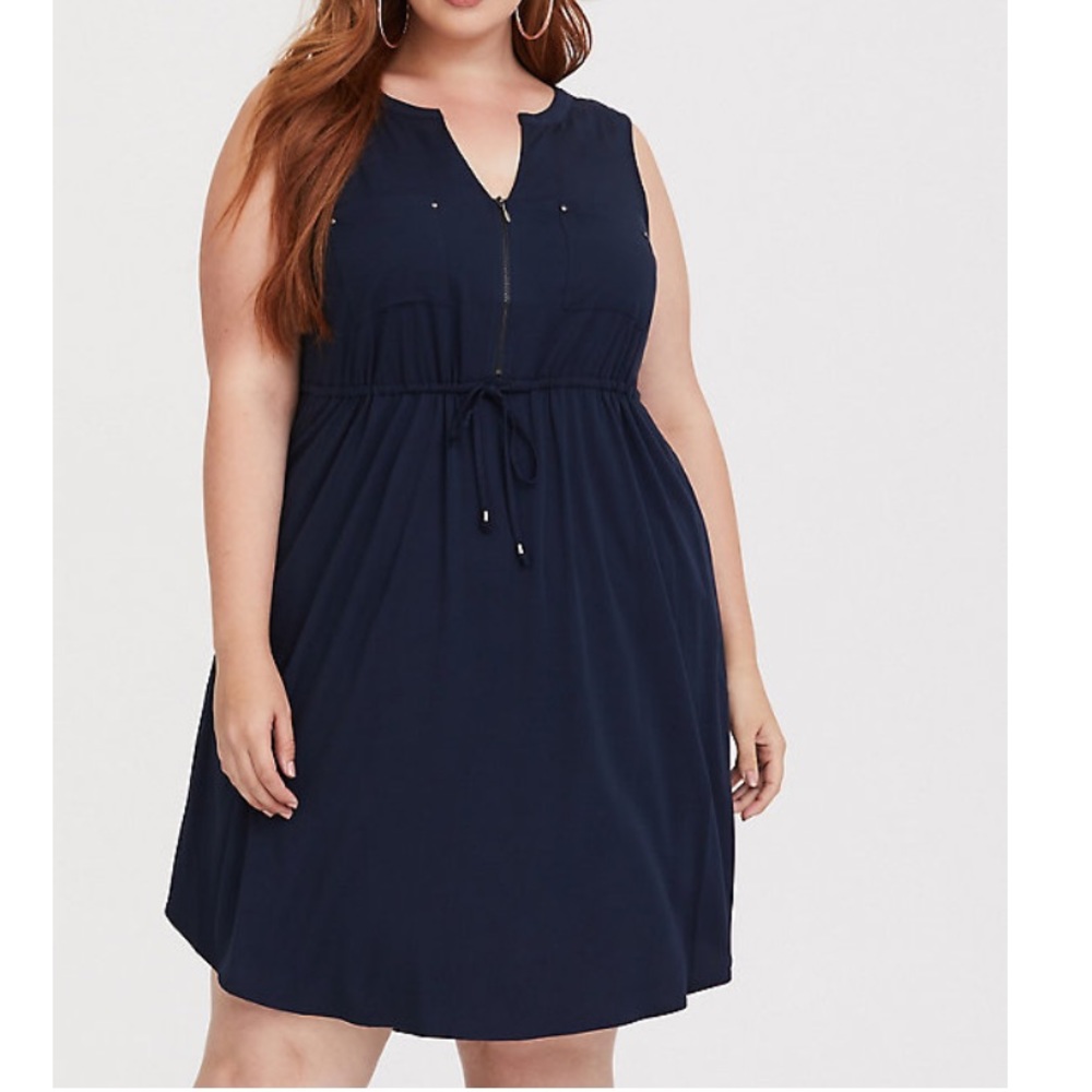 Navy challis drawstring shirt dress